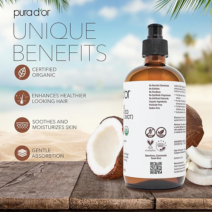 PURA D'OR 16.9 Oz ORGANIC Fractionated Coconut Oil MCT Oil (GLASS BOTTLE) 100% Pure & Natural USDA Certified Cold Pressed - Unscented, Hexane Free Moisturizer For Face, Skin & Hair Tonic - Men & Women-Velvo Beauty