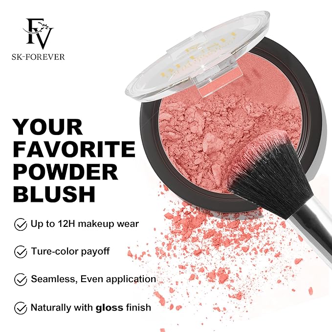 FV Long Lasting Powder Blush - Lightweight Smooth & Blendable Cheek Makeup, High Buildable Color, Transfer-Resistant Shimmer Finish (Rose Shimmer, 0.17 OZ)-Velvo Beauty