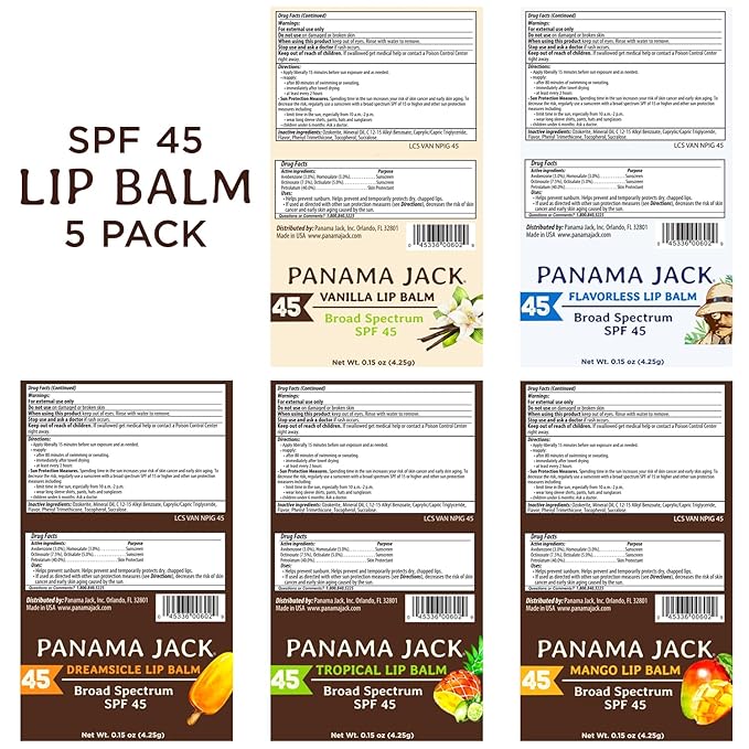 Panama Jack Sunscreen Lip Balm - SPF 45, Flavor Pack, Broad Spectrum UVA-UVB Sunscreen Protection, Prevents & Soothes Dry, Chapped Lips (Dreamsicle/Vanilla/Tropical/Mango)-Velvo Beauty