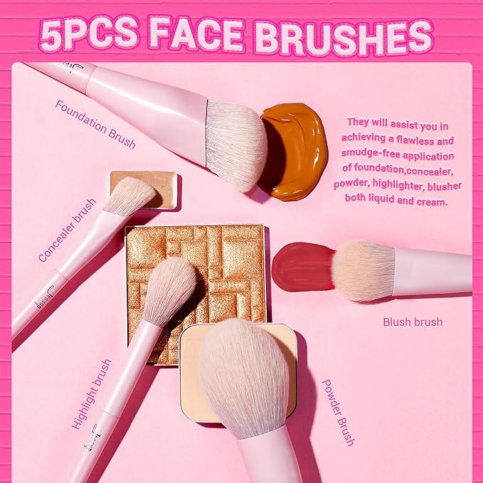 Jessup Pink Makeup Brushes Set 14Pcs Make up Brushes Premium Vegan Foundation Concealer Blush Eyeshadow Eyeliner Powder Highlighter Blending Face Brush Set, T495-Velvo Beauty