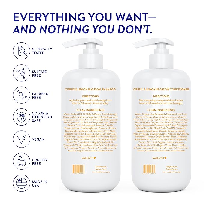 Routine Wellness Anti-Thinning Shampoo and Conditioner Set for Thinning Hair - Biotin DHT Blocker Women & Men - Color Safe Shampoo for Hair Loss & Healthier Hair - Citrus & Lemon Blossom (Pack of 2)-Velvo Beauty