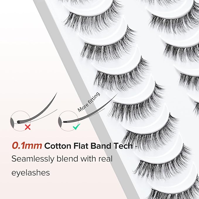 Lashes Wispy False Eyelashes Cat Eye Lashes Natural Look 3D Volume Fake Eyelashes Thin Band Lashes 12mm Natural Eye Lashes C Curl Siligli Lashes Pack 10 Pair-Velvo Beauty