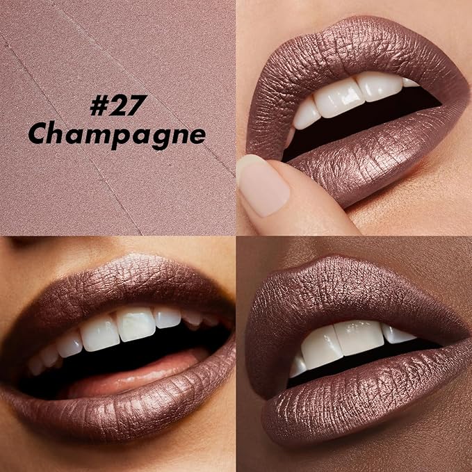 FOCALLURE Ultra Chic Metallic Lipstick,Rich Vitamin E Lip Crayon,Lightweight Shinning Color without Drying or Fading,Long Lasting Lips Makeup,#27 Champagne-Velvo Beauty