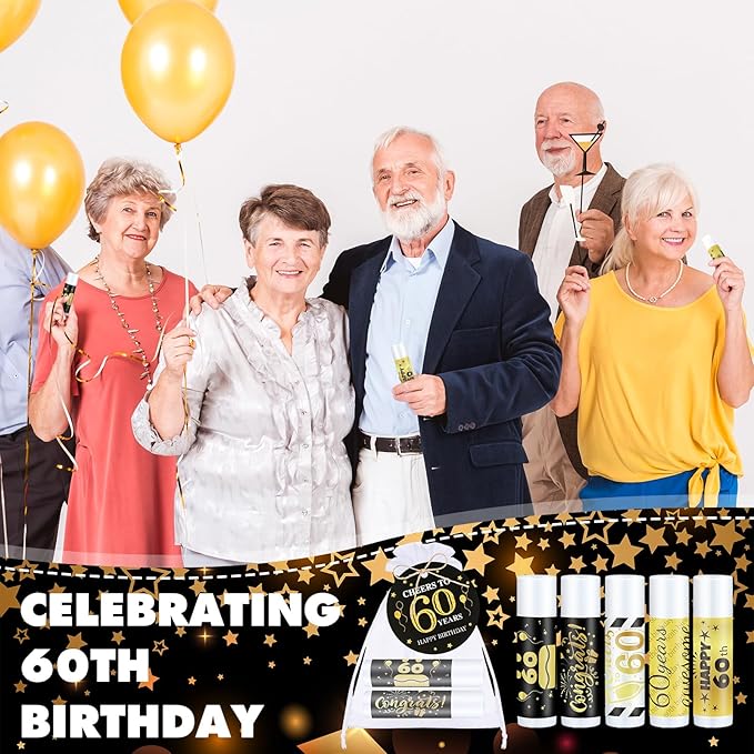 50 Sets 60th Birthday Favors Lip Balm Gifts Bulk Moisturizing Lip Balm with 50 Organza Drawstring Gift Bag 50 Tags 60th Birthday Party Supplies Gifts Bulk for Men and Woman-Velvo Beauty