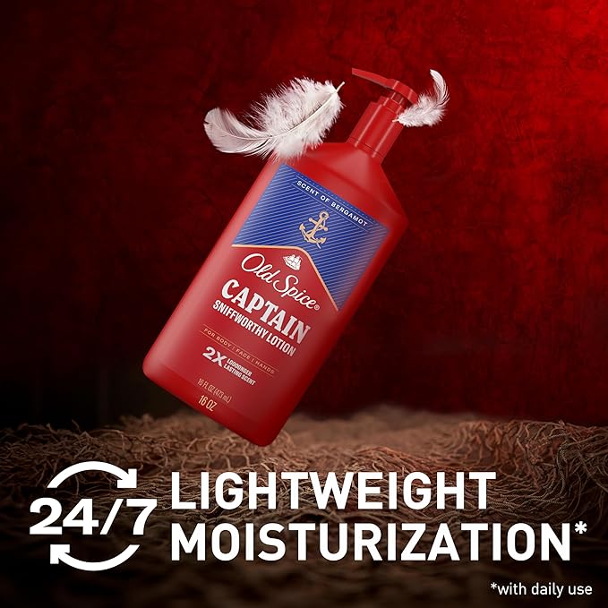 Old Spice Hand, Face & Body Lotion for Men, 24/7 Lightweight Moisturization with Amazing Scent, Instant Absorption, For All Skin Types, Captain with Bergamot Scent, 16 oz-Velvo Beauty