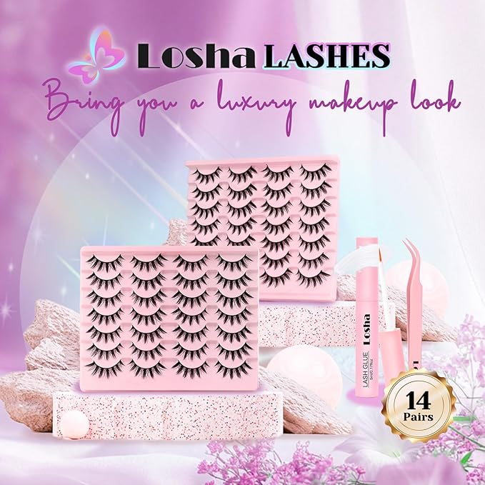 Losha Lashes Spiky Manga Lashes 14 Pairs Wispy False Eyelashes Natural Eye Lashes Kit with Lash Glue and Lash Tweezers Soft Anime Fake Eyelashes (Fairy)-Velvo Beauty