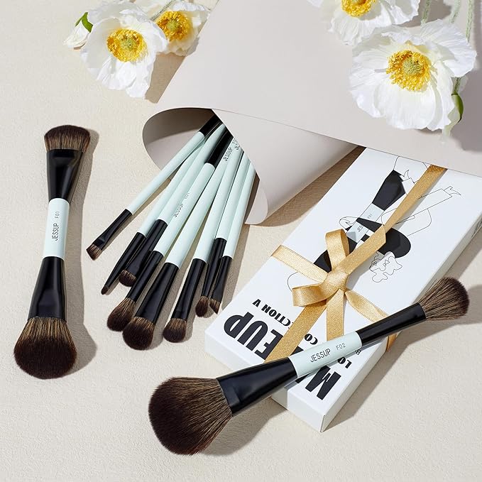 Jessup Makeup Brushes Set 10pcs, Double Sided Foundation Contour Blush Highlight Blending Eyebrow Brush Eyeshadow Eyeliner Concealer Brush, Bright Cyan Cruelty Free Cosmetic Tools T500-Velvo Beauty