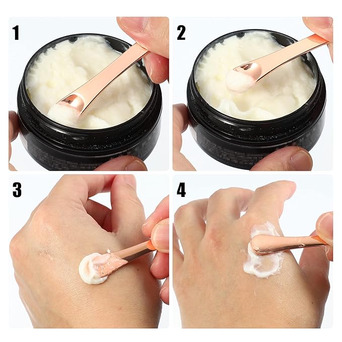 VOCOSTE 4 Pcs Makeup Spatula Mini Spoon, Eye Cream Massage Sticks Beauty Scoop, for Facial Cosmetic Face Cream, Zinc Alloy 2.32"x0.46", Gold Tone-Velvo Beauty