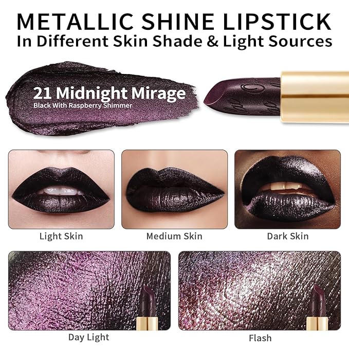 Oulac Metallic Black Lipstick for Women, High-Impact Lipcolor with Moisturizing Creamy Formula, Vegan & Cruelty-Free, Full-Coverage Matte Lipstick, Midnight Mirage (21)-Velvo Beauty