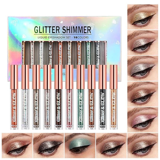 BestLand 10 Colors Liquid Glitter Eyeshadow Set, Metallic Glitter Shimmer Naked Smokey Eye Looks Waterproof Long Lasting Quick-Drying Sparkling Eye Shadow Christmas Makeup Kits-Velvo Beauty
