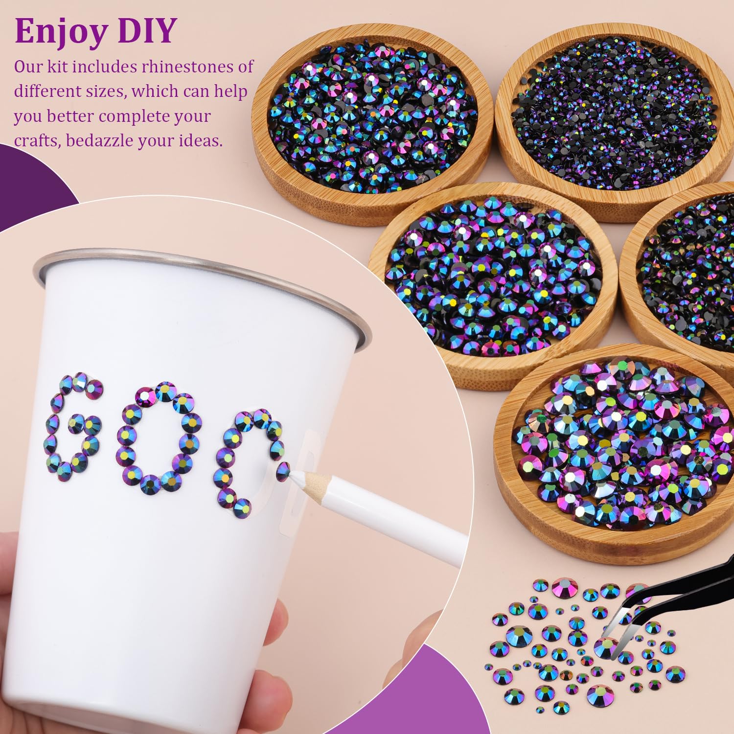 Resin Jelly Rhinestones for Crafting with B7000 Jewelry Glue, 2 Boxes Purplish Black AB Flatback Crystals with 3Pcs 10ml Glue, Bedazzling Non Hotfix Gems for DIY Tumblers Clothing Shoes Manicure-Velvo Beauty