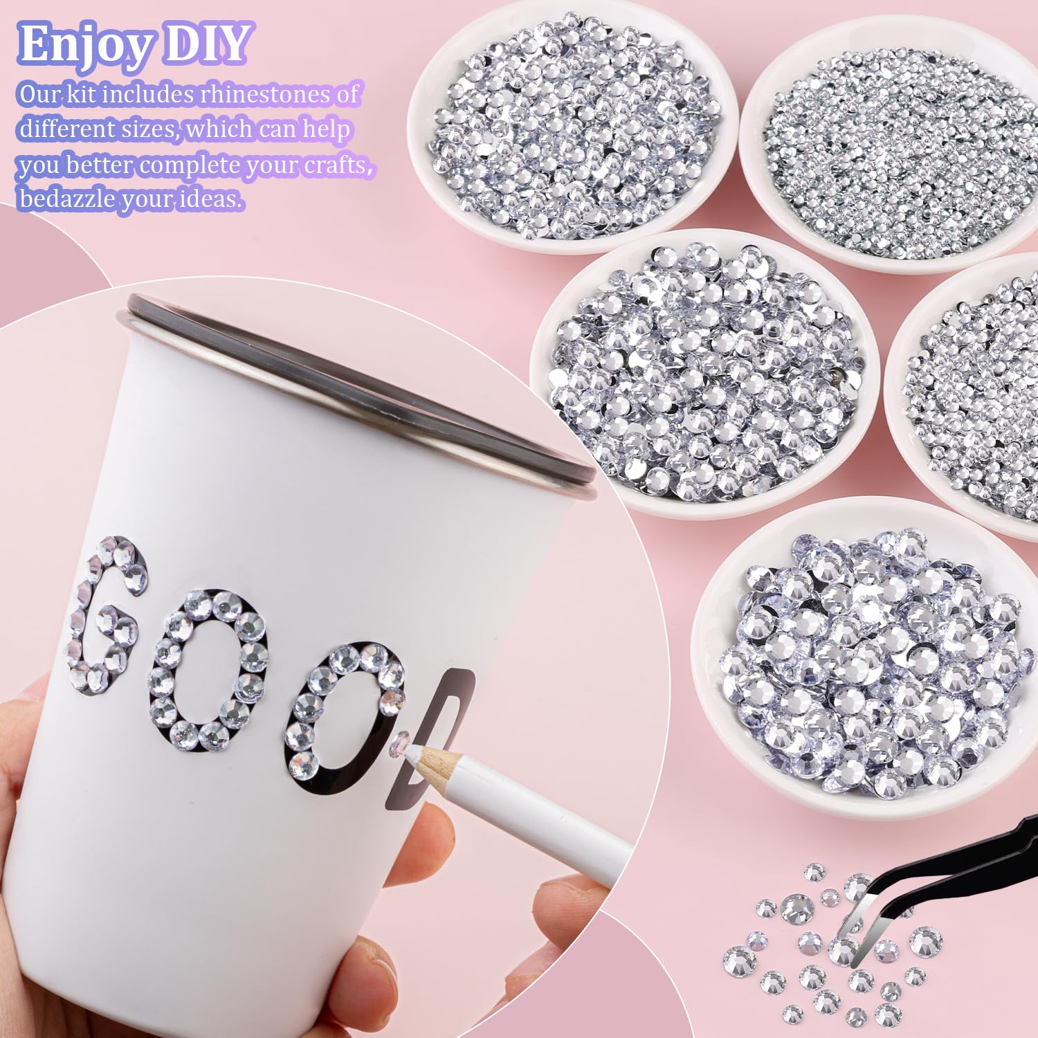 25000Pcs Resin Rhinestones with Tweezers for Crafting, Silver Clear 2-6mm Mixed Sizes Flatback Gems, Bedazzling Crystal for DIY Crafts Clothing Tumblers Mugs Shoes Fabric Decor Nail Art-Velvo Beauty