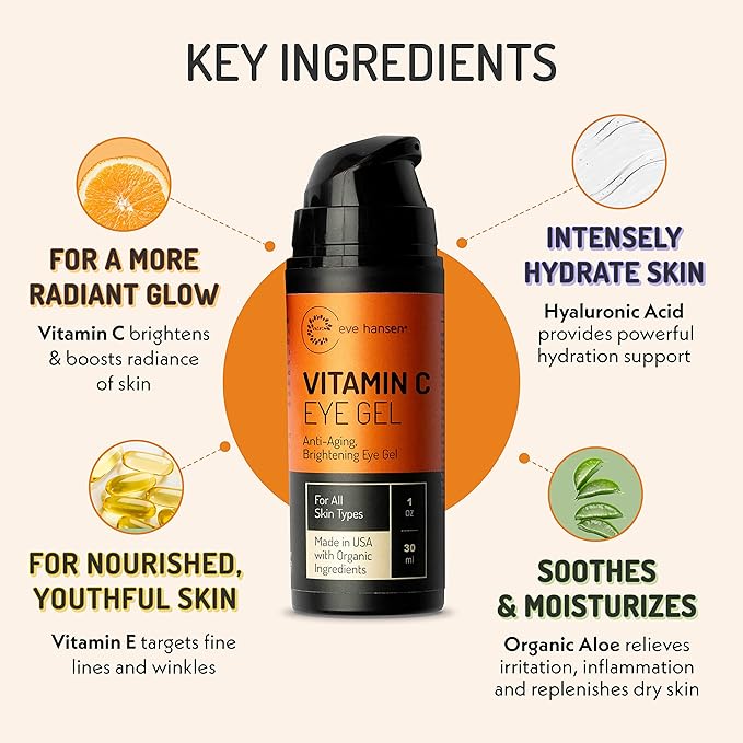 Eve Hansen Vitamin C Eye Gel - Under Eye Cream for Dark Circles and Puffiness - Anti-Aging Eye Repair Cream with Hyaluronic Acid - Under Eye Treatment for All Skin Types - Eye Brightening Cream - 1 oz-Velvo Beauty