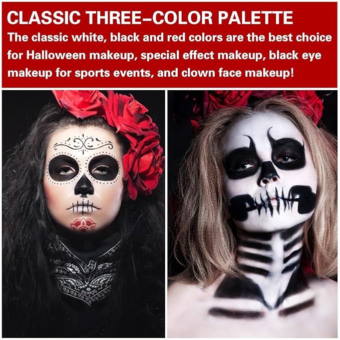 3 Colors Black White Red Face Body Paint Clown Makeup Palette Professional Face Paint for Halloween Cosplay Sfx Joker Zombie Vampire Makeup-Velvo Beauty