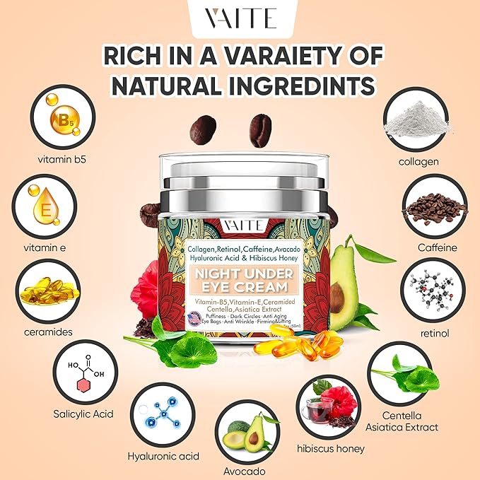 Under Eye Cream with Collagen, Retinol, Caffeine, Avacado Hyaluronic Acid & Hibiscus Honey for Night and Day with Vitamin B5, E for Puffiness Circles Anti Aging Eye Bags and Anti Wrinkle-Velvo Beauty