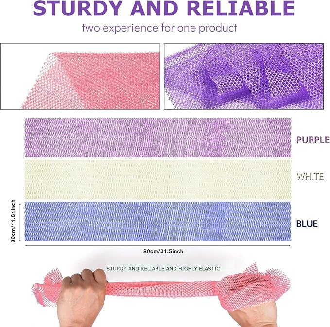 UJFQBH 3 Pieces African Bath Sponge African Net Long Net Bath Sponge Exfoliating Shower Body Scrubber Back Scrubber Skin Smoother,Great for Daily Use (Purple,Blue,Off-White)-Velvo Beauty