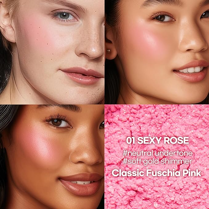 Hope Girl 3D Powder Blusher 0.17oz | Skin-Loving Korean Mini Blush for Cheeks and Eye Makeup w/Allantoin | K Beauty Cool Toned Vibrant Sunkissed Fine Powder Makeup Blush Cosmetics (#01 Sexy Rose)-Velvo Beauty