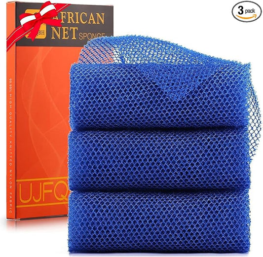 UJFQBH 3 Pieces African Bath Sponge African Net Long Net Bath Sponge Exfoliating Shower Body Scrubber Back Scrubber Skin Smoother,Great for Daily Use (Blue)-Velvo Beauty