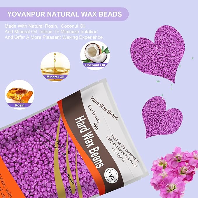 Hard Wax Beads for Hair Removal, Waxing Beans for Sensitive Skin (Violet), 10.5 Ounce/bag with 10pcs Wax Sticks-Velvo Beauty