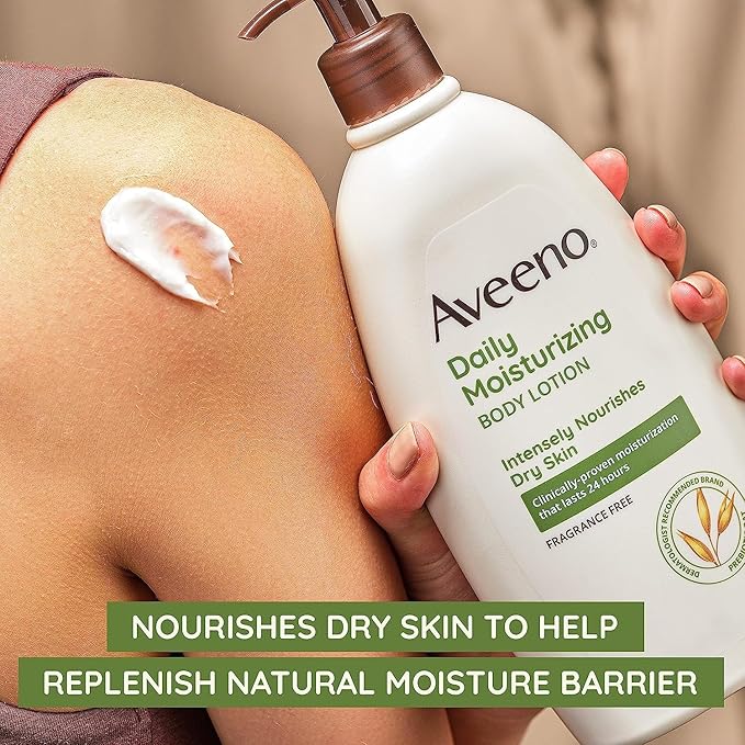 Aveeno Daily Moisturizing Body Lotion for Dry Skin with Prebiotic Oat, Fragrance & Paraben Free, Non-Greasy, Non-Comedogenic, for Sensitive Skin & 72-Hour Moisturizer 18 Fl Oz-Velvo Beauty