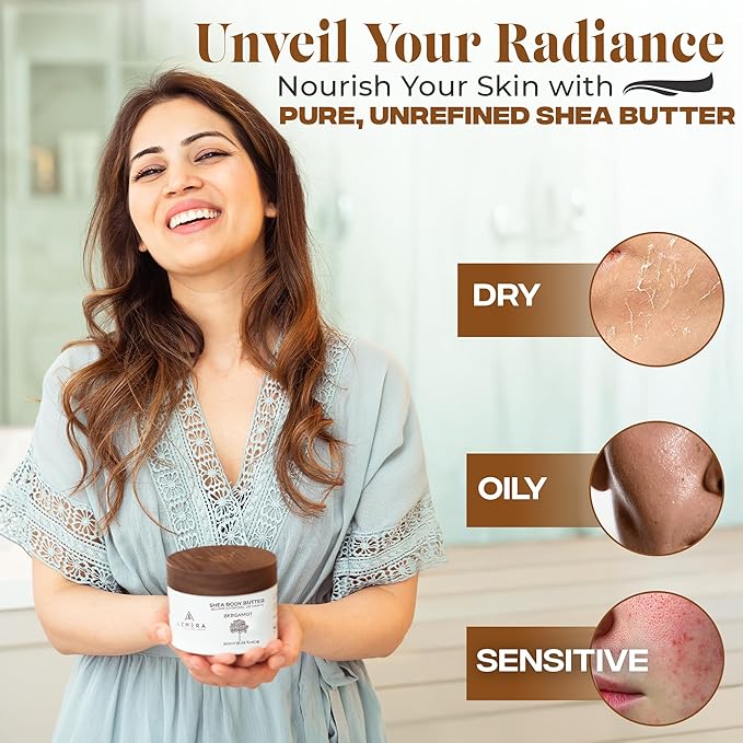 AZMERA Handcrafted Whipped Shea Body Butter – Luxurious Moisturizer for Dry, Sensitive Skin with Bergamot, Argan Oil & Vitamin E – Vegan, Non-Greasy Skincare – 8.82 oz-Velvo Beauty