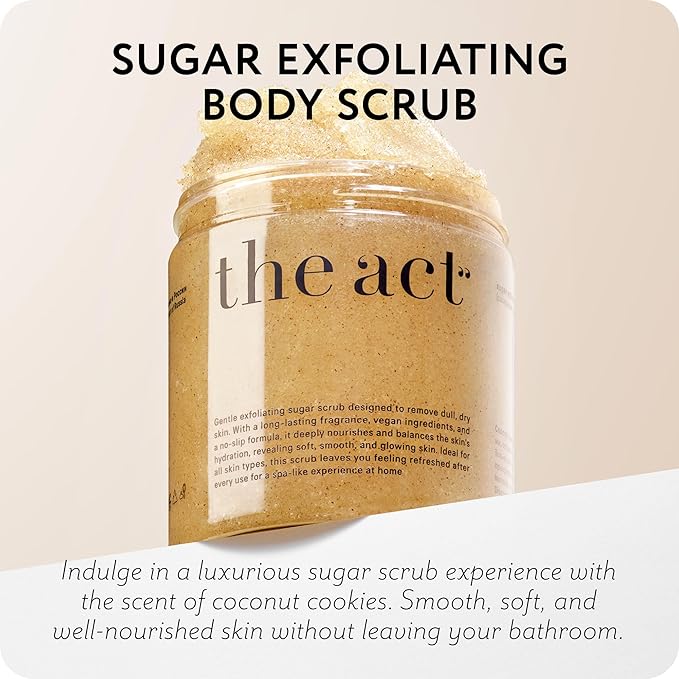 THE ACT Sugar Exfoliating Body Scrub – Natural Body Polish for Smooth Skin – Gentle Skin Care with Shea, Almond, Macadamia, Green Coffee, Vegan – Self Care Gift for Women-Velvo Beauty