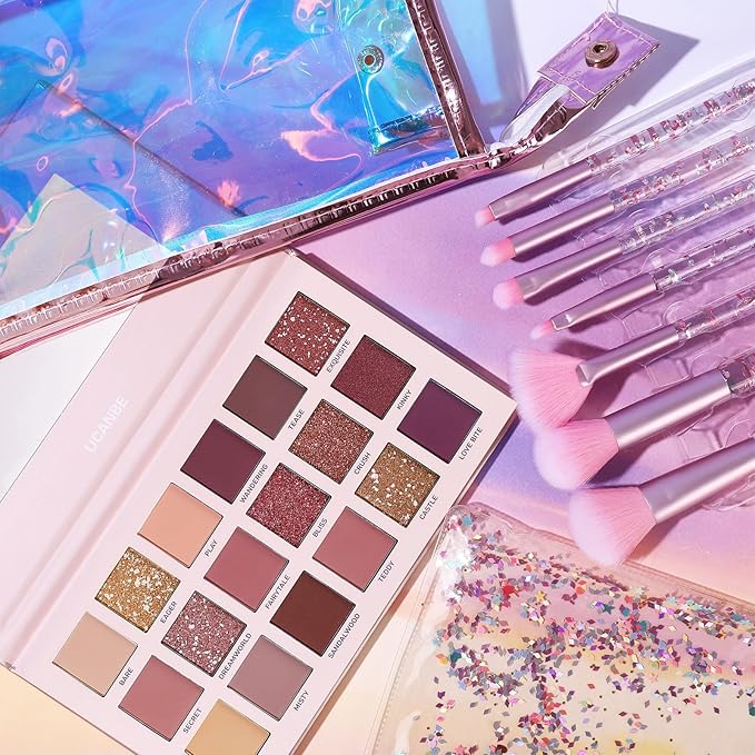 UCANBE Makeup Kit for Women & Teens,18 Colors Nude Eyeshadow +7pcs Soft Makeup Brushes + Pink Cosmetic Bag Makeup Sets, Shimmer Matte Glitter Makeup Palettes Set for Girls Beginners & Professional-Velvo Beauty