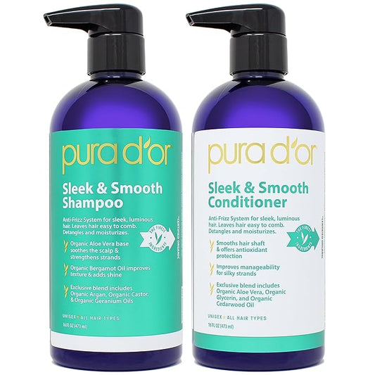 PURA D'OR Sleek & Smooth Shampoo and Conditioner Set For Frizz-Free & Silky Smooth Hair, Infused with Organic Aloe Vera, Argan Oil, Castor Oil, Bergamot Oil & Geranium Oil-Velvo Beauty