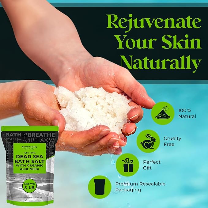Aromasong Dead Sea Salt with Organic Aloe Vera, Spa Bath Salts, 5 Lbs Fine Bulk resealable Pack, 100% Pure & Natural, Soak for Women & Men for Tired Muscles & Skin Issues (Packaging May Vary)-Velvo Beauty