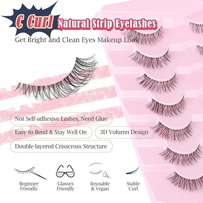 Lashes Natural Look False Eyelashes Wispy 13mm Eye Lashes Pack with Thin Cotton Band C Curl Fake Eyelashes 3D Volume For Daily Siligli Lash 7 Pair-Velvo Beauty