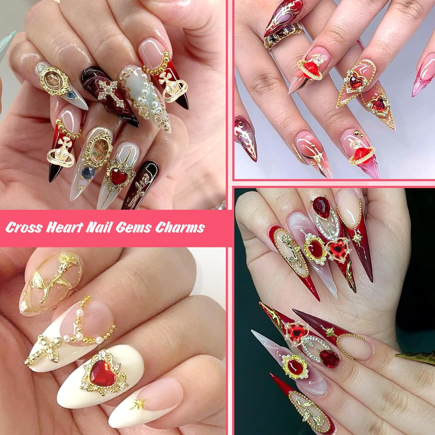 2 Boxes Metal Gold Nail Charms and Gems, 3D Alloy Crown Heart Planet Nail Gems Charms, Golden Bows Star Nail Studs, Gold Pearls Beads for Nails Art Designs DIY Accessories-Velvo Beauty