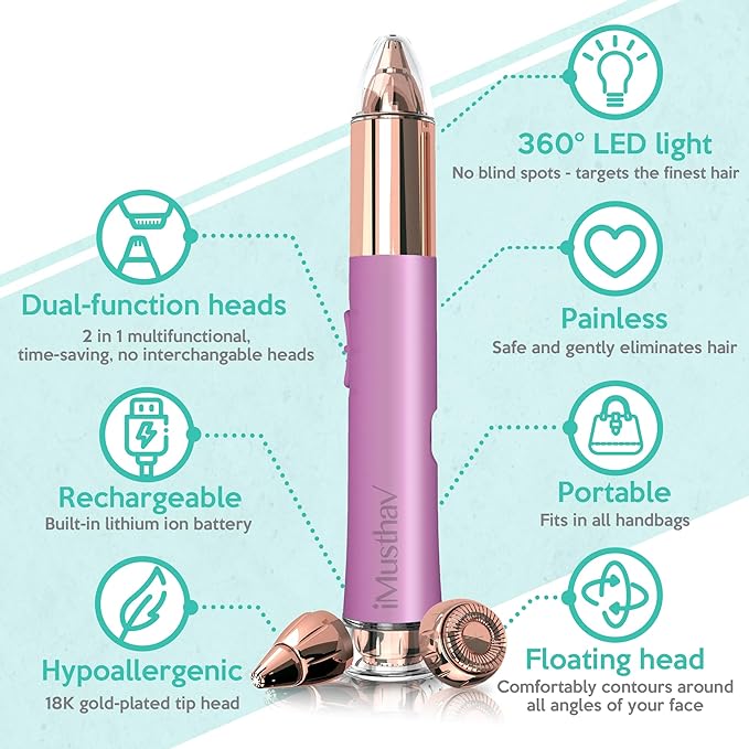 2 in 1 Eyebrow and Facial Hair Remover for Women Painless Flawless Electric Razor Epilator Trimmer Shaver with 18K Gold-Plated, USB Rechargeable, 360° LED for Eyebrow and Face Hair Removal-Velvo Beauty