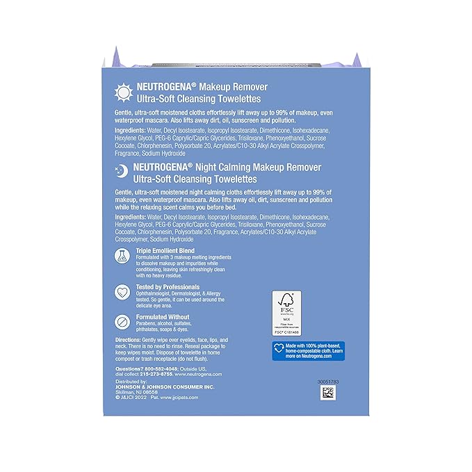 Neutrogena Day & Night Wipes, Makeup Remover Face Cleansing Towelettes & Night Calming Facial Cloths, 100% Plant Based Fibers Wipe Away Dirt, Alcohol-Free, 3 Packs of 25 ct, 75 ct-Velvo Beauty