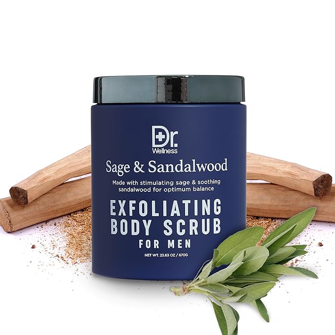 Dr. Wellness Body Scrub for Men- Ultimate Exfoliating Scrub Infused with Sage & Sandalwood, Men’s Body Wash in Jar with Twist Top, 23 oz, For All Skin Types-Velvo Beauty