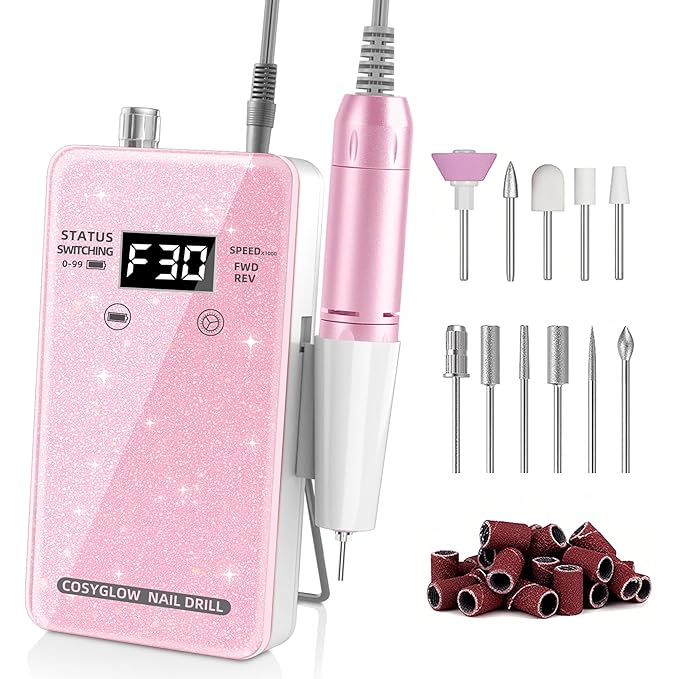 Professional Electric Nail Drill File:COSYGLOW Glitter Portable Cordless E-File Nail Drill Kit with 11 Drill Bits,30000 RPM Rechargeable Nail Drills Machine for Acrylic Nails Gel Polishing (Pink)-Velvo Beauty