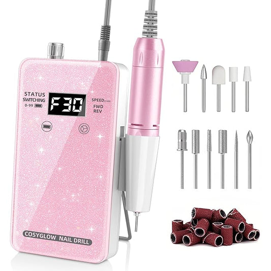 Professional Electric Nail Drill File:COSYGLOW Glitter Portable Cordless E-File Nail Drill Kit with 11 Drill Bits,30000 RPM Rechargeable Nail Drills Machine for Acrylic Nails Gel Polishing (Pink)-Velvo Beauty