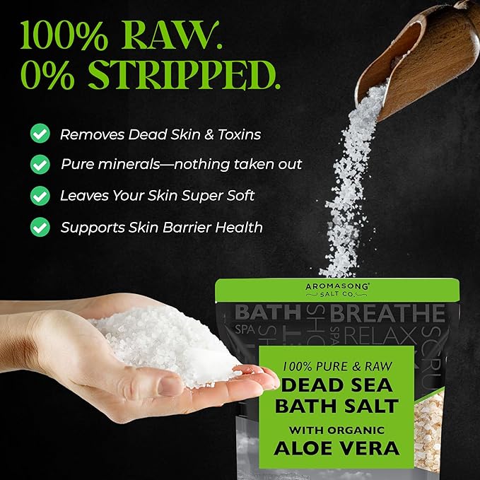 Aromasong 5 lbs Raw Dead Sea Salt with Organic Aloe Vera, not Cleaned, Still Contains All Dead sea Minerals Including Dead sea Mud, Fine Medium Grain Large resealable Bulk Pack (Packaging May Vary)-Velvo Beauty