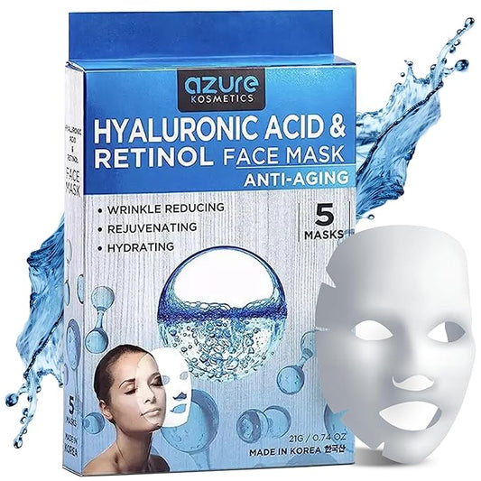 Azure Cosmetics Hyaluronic Acid & Retinol Face Mask - Dermatologist Tested - Rejuvenating & Hydrating Sheet Mask - Reduce Fine Lines & Wrinkles, Smooths & Repairs - Korean Skin Care - Pack of 5-Velvo Beauty
