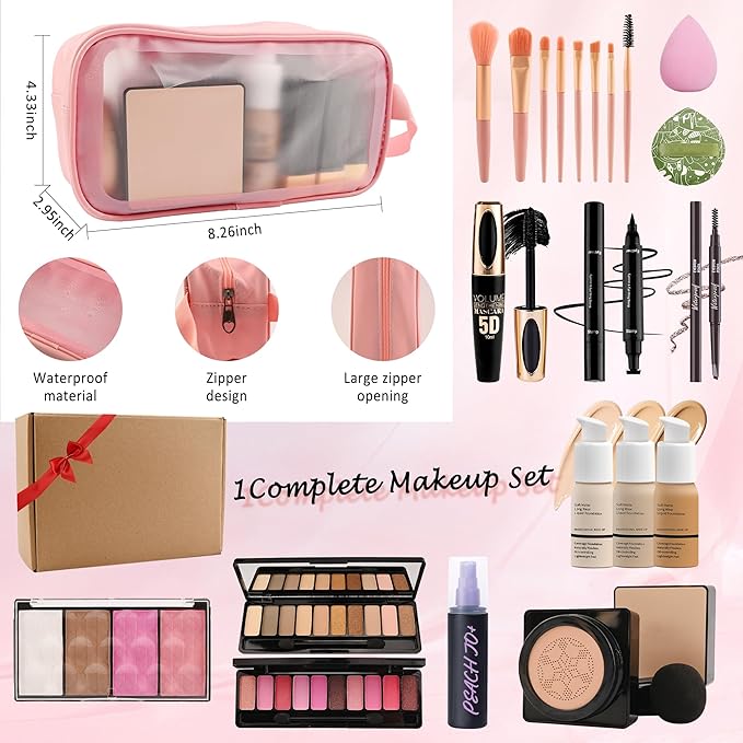 All In One Multipurpose Makeup Kit for Women,Travel Makeup Set,Makeup Gift Full Kit,Includes Foundation Eyeshadow Palette Lipstick Mascara Eyeliner Blusher Cosmetic Brush Set with Makeup Bag-Set C-Velvo Beauty