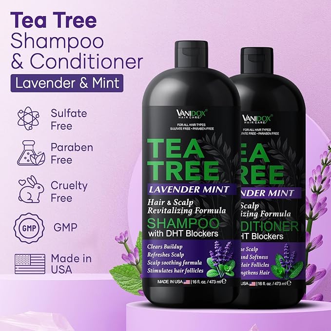 Tea Tree Shampoo and Conditioner Set with Lavender and Mint | DHT Blockers | With 100% Pure Tea Tree Oil for Itchy, Dry Scalp | Sulfate & Paraben Free | For Men & Women | 16 fl oz Each-Velvo Beauty