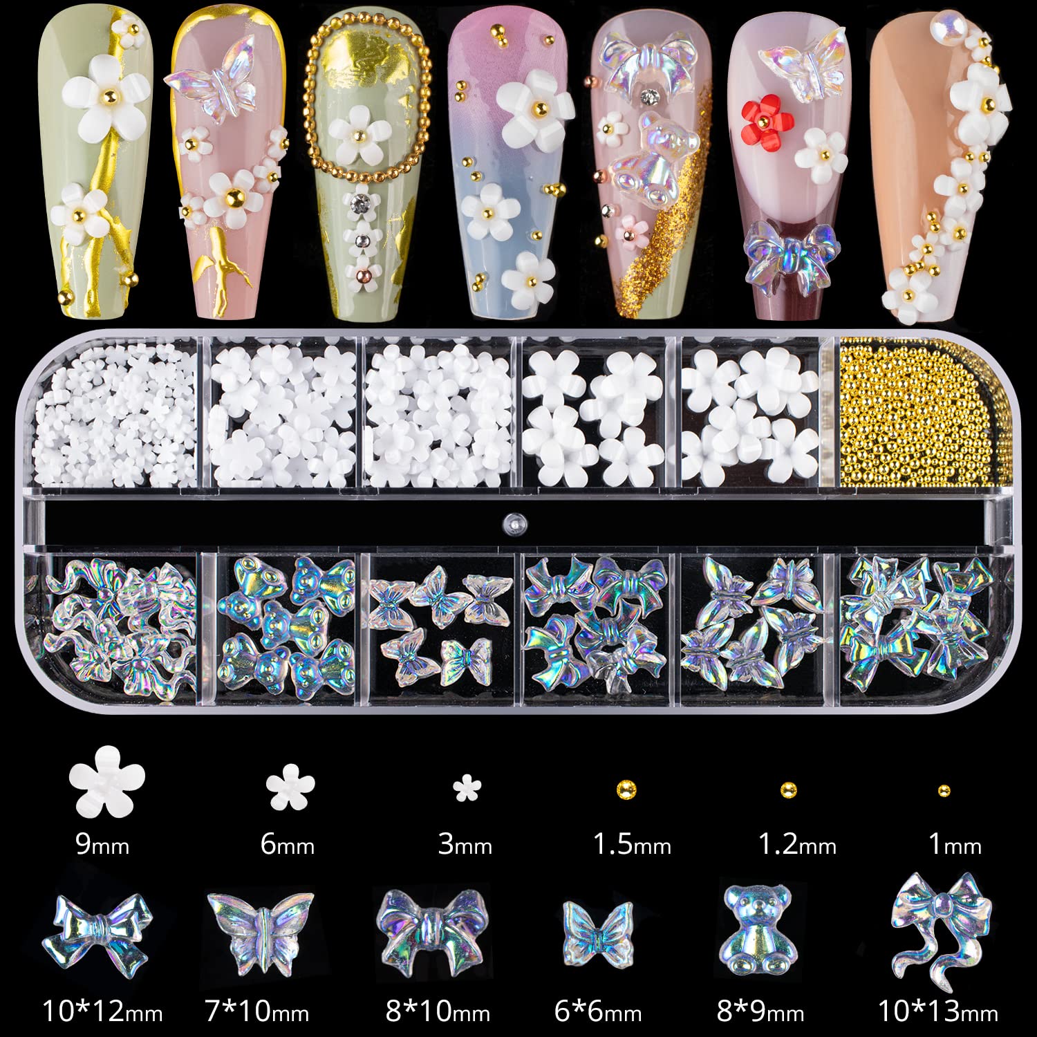 Mixed 3D Nail Art Gem Decoration Accessories Kit #5, Aurora Bear Bow Butterfly Starry AB Rhinestone Charm Jewelry for Deco, Pearl Flower Caviar Bead Stone Crystal with Dual-End Brush and Tweezer-Velvo Beauty