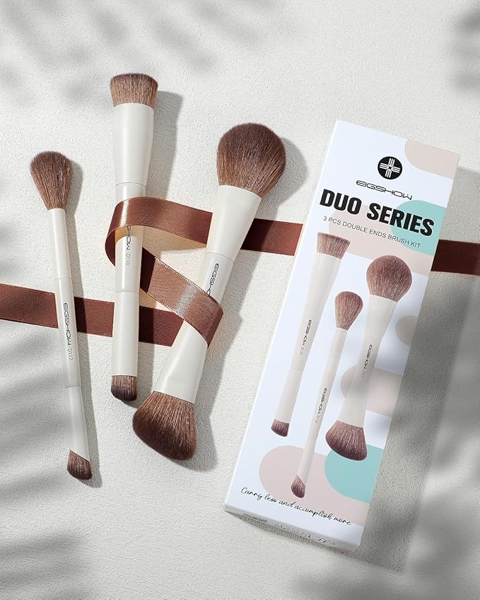 EIGSHOW Makeup Brush Set, 3Pcs Double Ended Face Makeup Brushes for Foundation Powder Contour Highlight Concealer Nose Shadow, Travel Gift Set (Beige)-Velvo Beauty