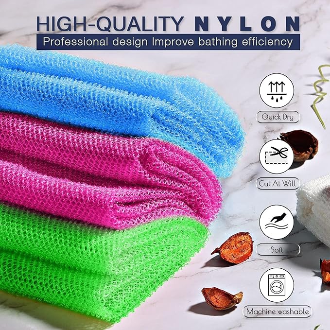 UJFQBH 3 Pieces African Bath Sponge African Net Long Net Bath Sponge Exfoliating Shower Body Scrubber Back Scrubber Skin Smoother,Great for Daily Use (Rose Red, Blue, Green)-Velvo Beauty