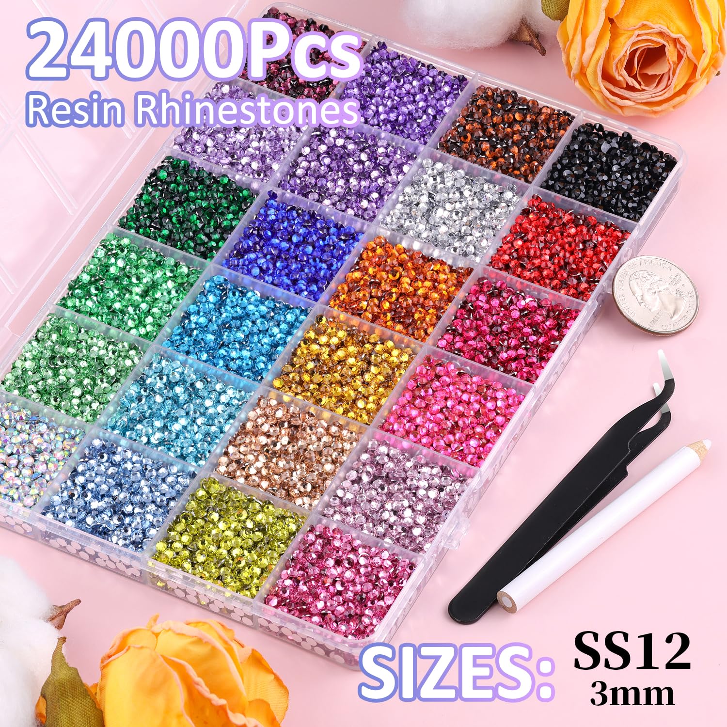 24000Pcs Resin Rhinestones for Bedazzling with Tweezers, Multicolor 3mm Rhinestones for Crafting with 3Pcs 10ml B7000 Jewelry Glue for DIY Crafts Clothing Tumblers Shoes Fabric Nail Art-Velvo Beauty