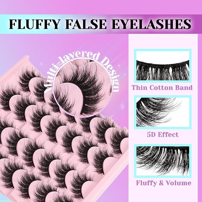 Losha Lashes Fluffy False Eyelashes 5D Volume Eye Lashes Kit with Lash Glue and Lash Tweezers 14 Pairs Vegan Fake Eyelashes Soft Faux Mink Lashes Pack (Thrives)-Velvo Beauty