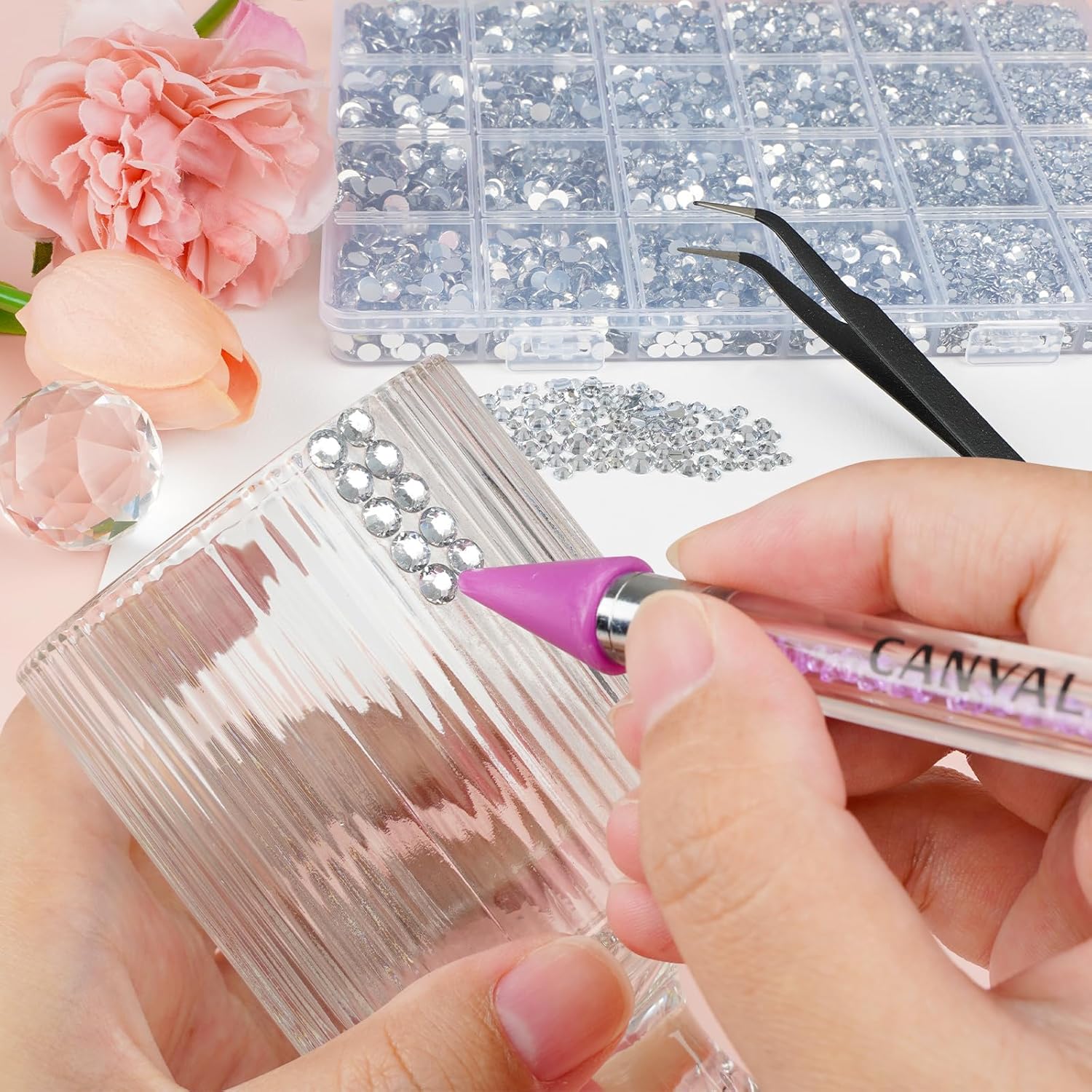 Canvalite 25000Pcs Resin Jelly Rhinestones for Crafting, Clear Flatback Gems, Bedazzling Crystal with 5Pcs 2.5g B7000 Jewelry Glues and Tweezers and Dotting Pen for DIY Crafts Clothing Shoes Nail Art-Velvo Beauty