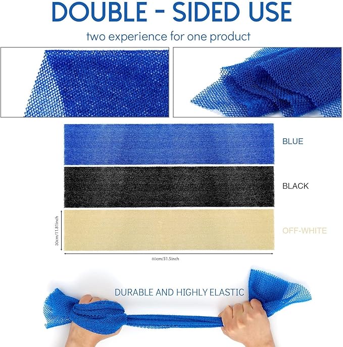 UJFQBH 3 Pieces African Bath Sponge African Net Long Net Bath Sponge Exfoliating Shower Body Scrubber Back Scrubber Skin Smoother,Great for Daily Use(Blue,Black,Off-White)-Velvo Beauty