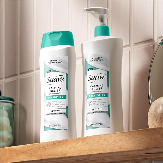 Suave Calming Relief Hand & Body Lotion for Women With Prebiotics For Sensitive Skin, Fragrance & Allergen Free, Helps Restore Skin's Moisture Barrier, 18 FL OZ, 6 Pack-Velvo Beauty