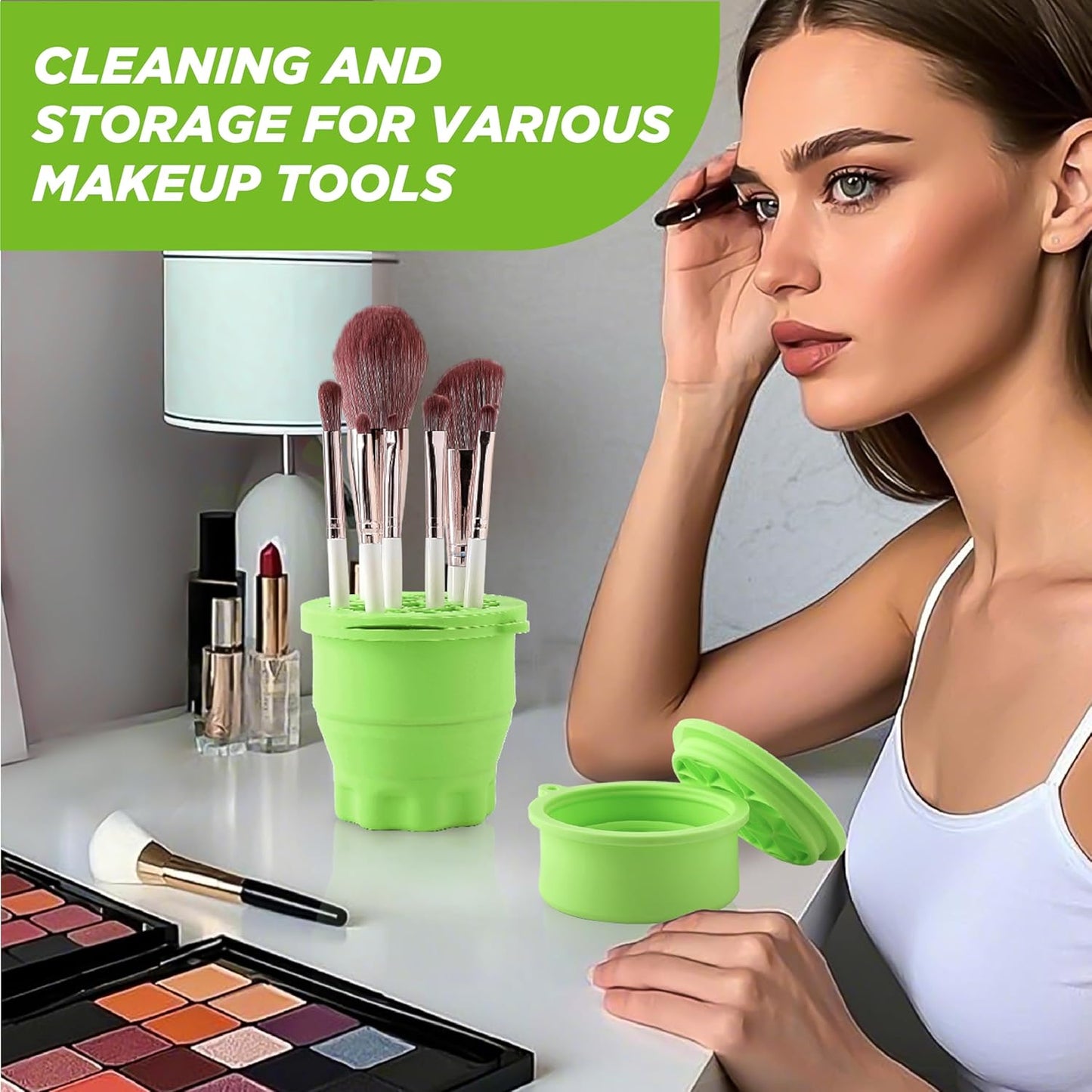 Makeup Brush Cleaner - Foldable Silicone Makeup Brush Cleaner Mat with Brush Storage Holder Makeup Brush Cleaning Bowl Cosmetic Brush Washing Tool for Cleaning Organizer and Drying (Green)-Velvo Beauty