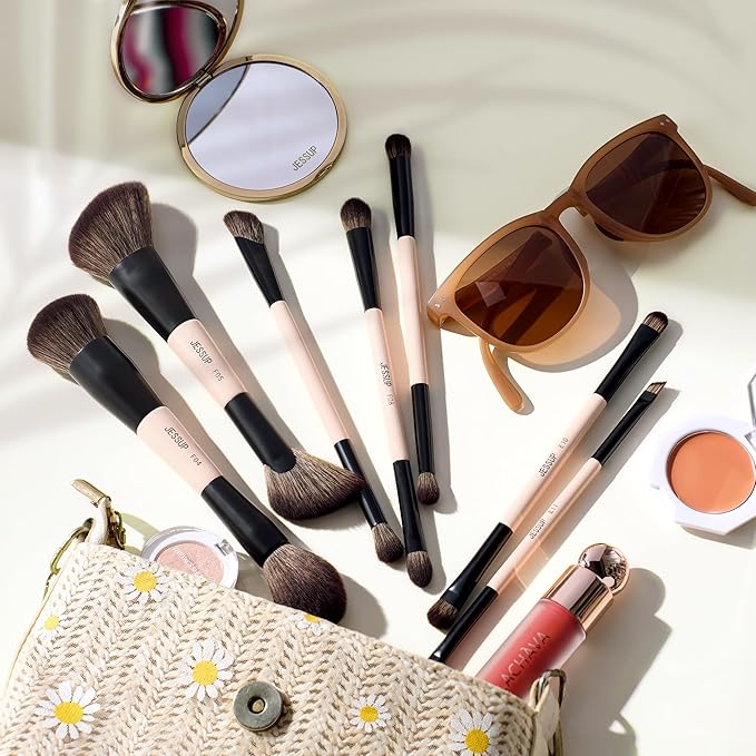 Jessup Makeup Brushes Set 7pcs Double Sided Makeup Brushes for Foundation Concealer Blush Eyeshadow Contour Bronzer Powder Blending Eyebrow Eyeliner, Cruelty-Free Make up Brushes Peach Dust T600-Velvo Beauty